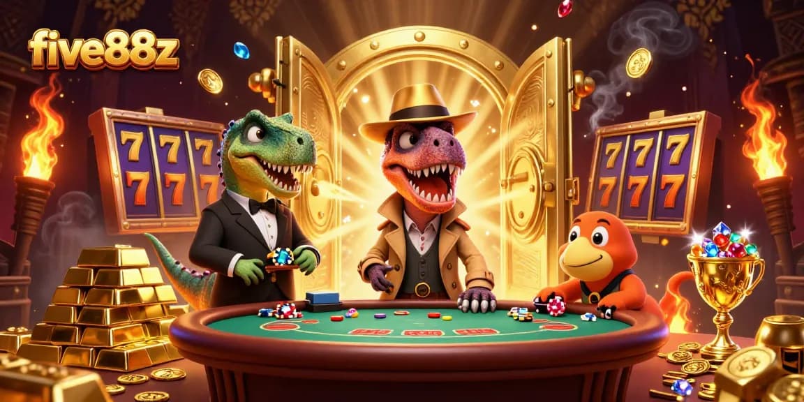 five88z offers an immersive 3D cartoon casino scene with a velociraptor card counter and vibrant slot elements