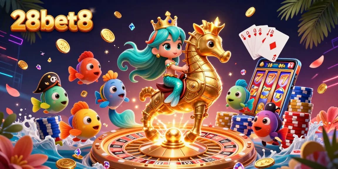 Immerse in 28bet8's vibrant casino illustration with a mermaid princess riding a seahorse amidst golden coins and roulette elements.