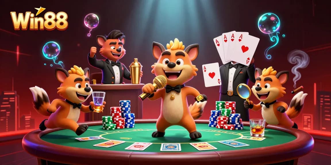 Win88 cartoon hyenas bringing the casino comedy vibe with poker elements in a vibrant scene