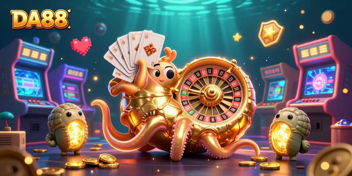 Experience the thrill of DA88 with a vibrant 3D casino-themed illustration showcasing an ancient nautilus roulette wheel.