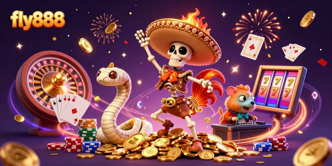 Enjoy the thrilling casino experience with fly888, featuring vibrant characters and golden treasures.