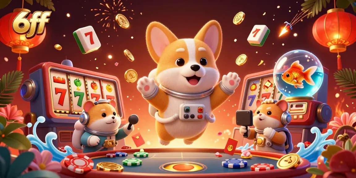 Experience fun with 6ff as the 3D astronaut corgi floats in a vibrant space casino filled with lucky symbols and gold coins.
