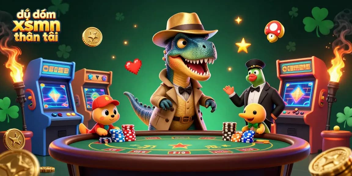 Engaging 3D scene depicting dự đoán xsmn thần tài with animated dinosaur characters at a casino.