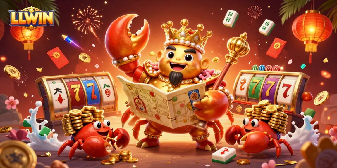 Engage in thrilling gameplay with LLWIN in a vibrant 3D casino scene showcasing a golden crab emperor and gaming elements.