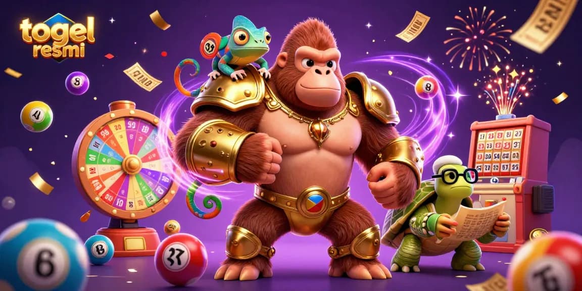 Gorila raja 3D yang kuat memainkan togel resmi dengan bola lotere berwarna-warni dan tiket keemasan.