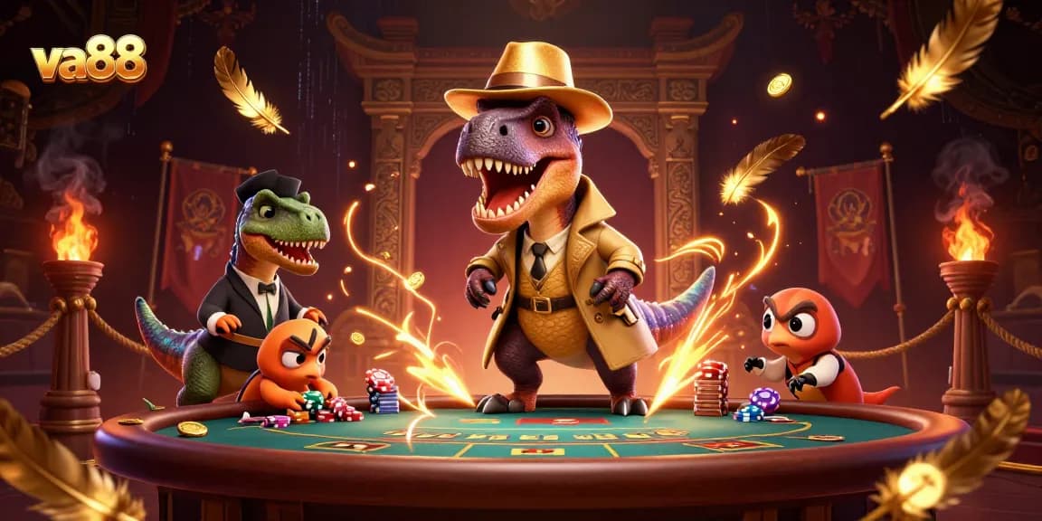 Experience thrilling games at va88 with lively characters like a card counting velociraptor and engaging casino elements.