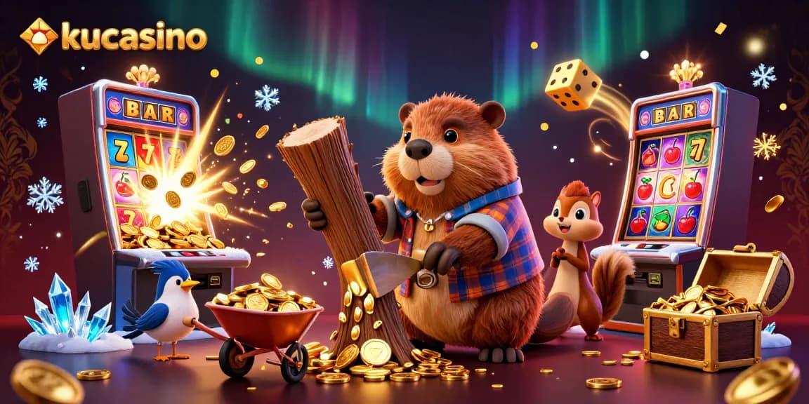 Experience the excitement of kucasino with a dynamic illustration featuring a beaver and friends celebrating jackpot wins.