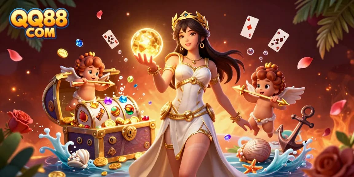 Engage with QQ88 COM in an enchanting casino scene featuring a mystical goddess and Cupid cherubs.