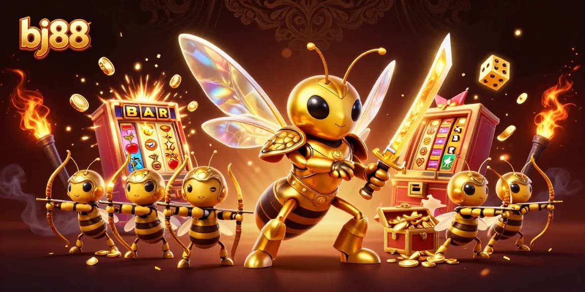 Experience thrilling gameplay at bj88 with vibrant hornet characters wielding unique weapons in a packed casino scene.