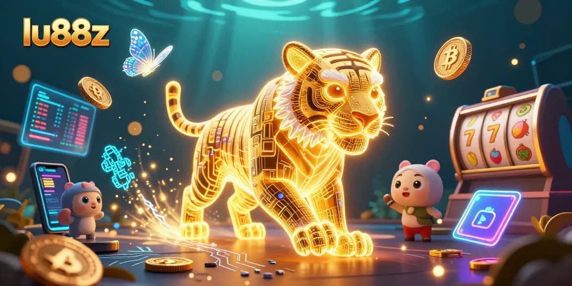 Experience the thrilling casino ambiance with lu88z, featuring a glowing tiger amid slot reels and crypto coins.