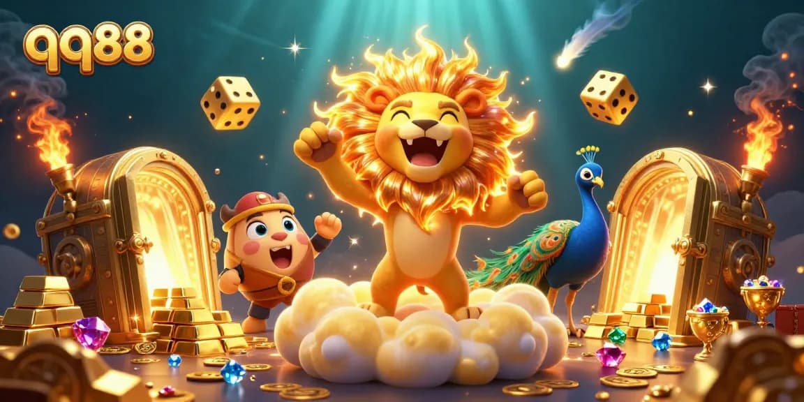 Experience thrilling gameplay with qq88's colorful 3D casino illustration showcasing vibrant treasures and excitement.