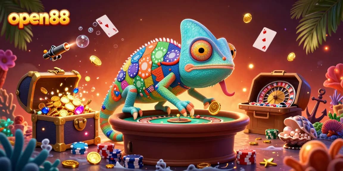 Experience thrilling gameplay at open88 with a vibrant chameleon casino owner and dynamic elements.