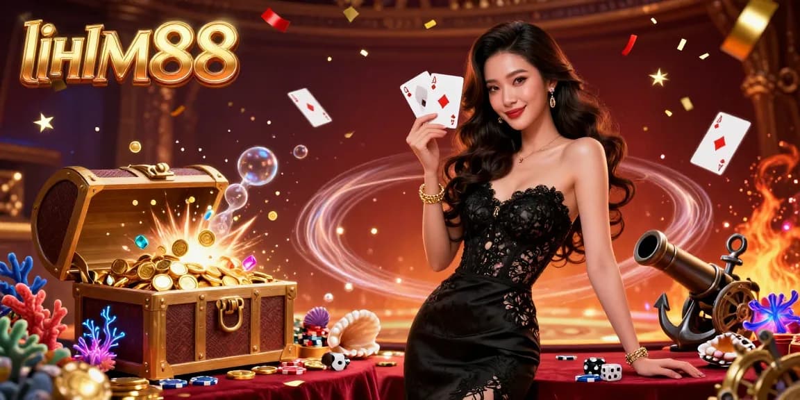 Engage in thrilling gameplay with link HM88 as an elegant dealer showcases ace cards in a vibrant casino scene.