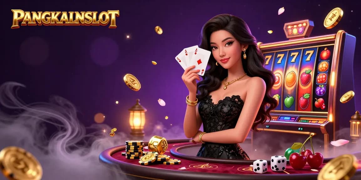 Experience PANGKALANSLOT with an elegant Asian woman holding playing cards amidst rich casino elements.