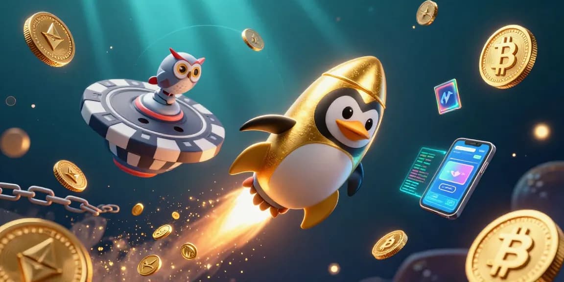 Experience thrilling luck at 11WIN with a cartoon penguin rocket soaring through a vibrant crypto casino.