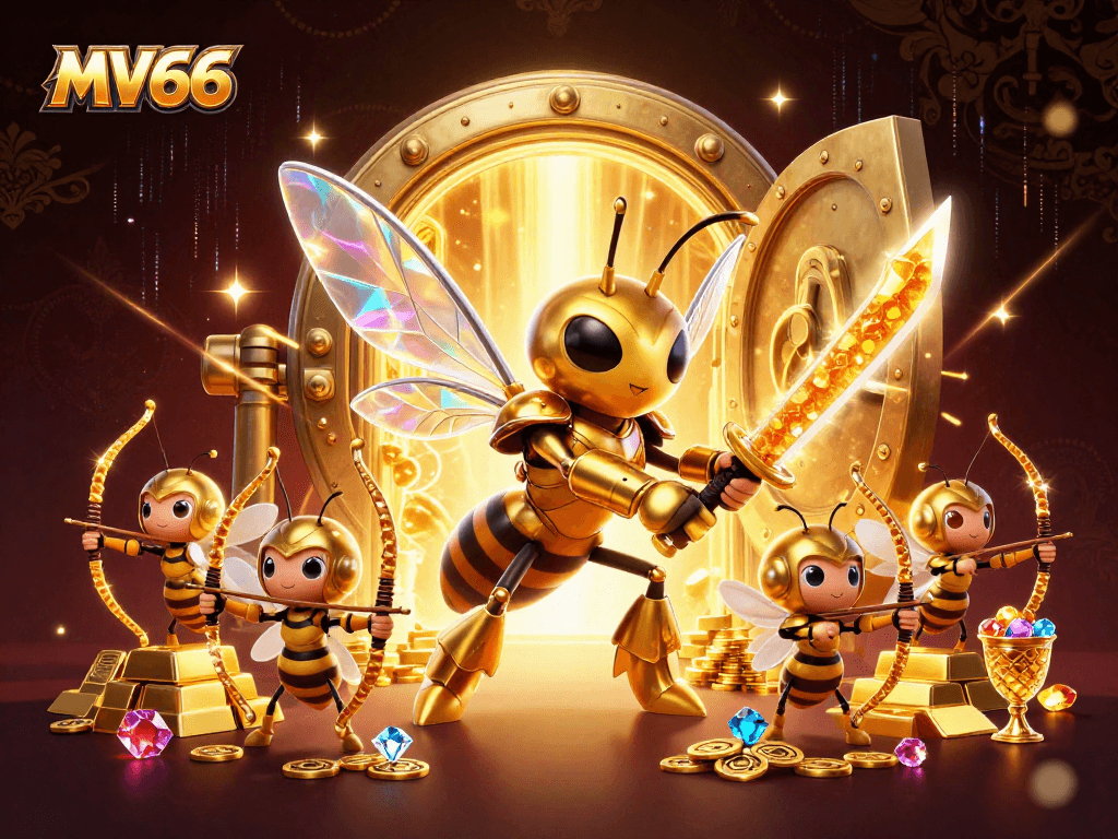 Engage with MV66's thrilling casino experience featuring vibrant 3D characters and dynamic gold elements.