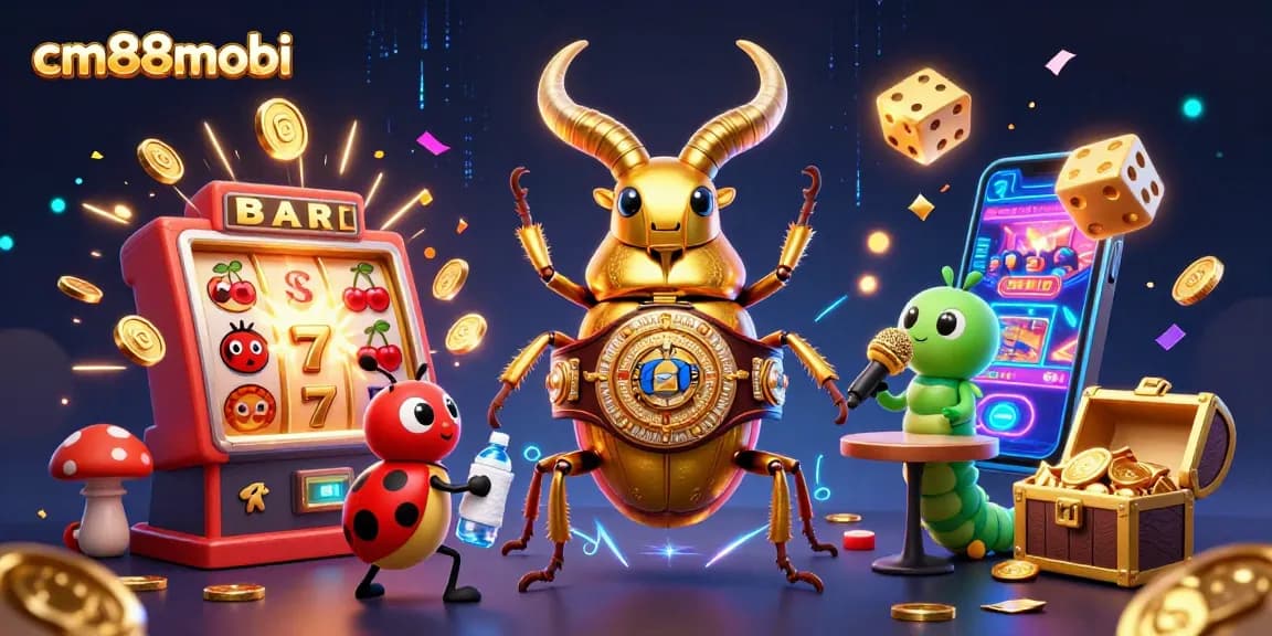 Engage with cm88mobi's thrilling gambling scene featuring a giant stag beetle champion amidst casino jackpots.