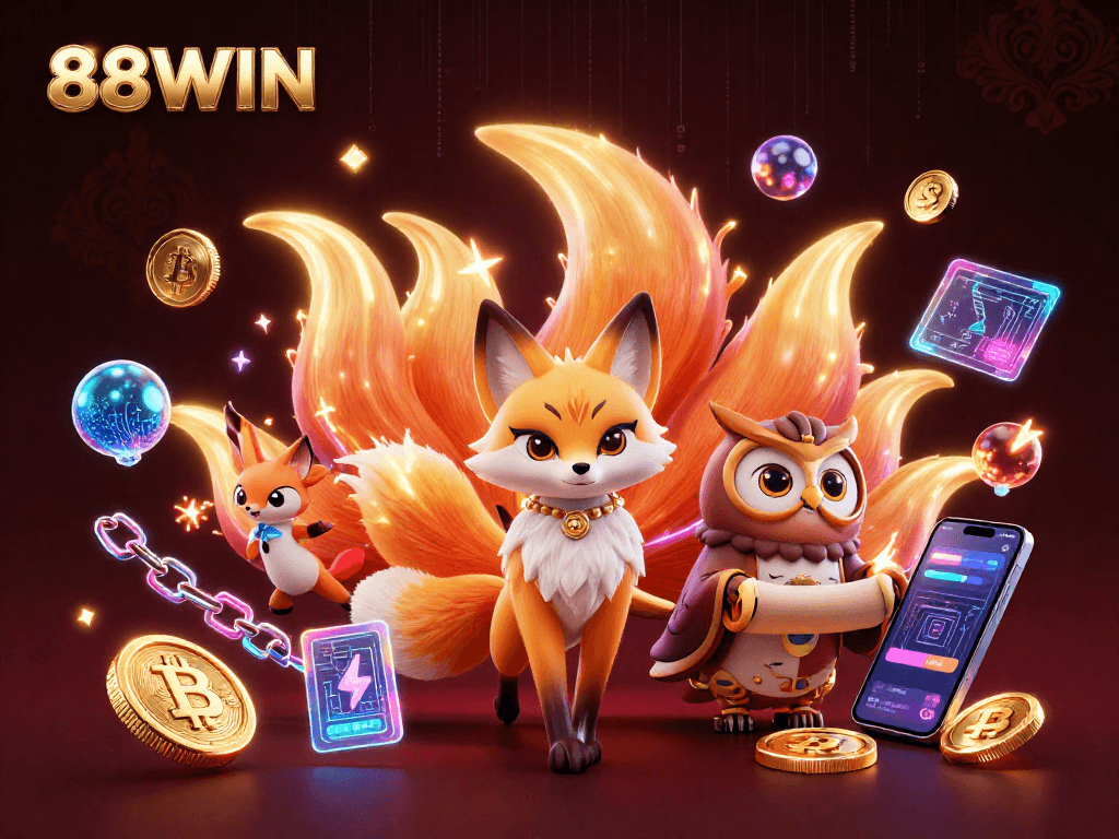 Engage with 88WIN's vibrant 3D illustration featuring a mystical nine-tailed fox and an owl, capturing the excitement of casino gaming.