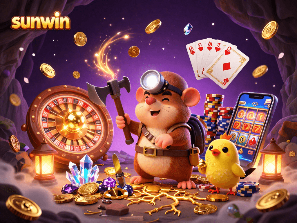 Engage with sunwin's thrilling gaming world, featuring a treasure hunter mole and glowing gems in a dynamic casino scene.
