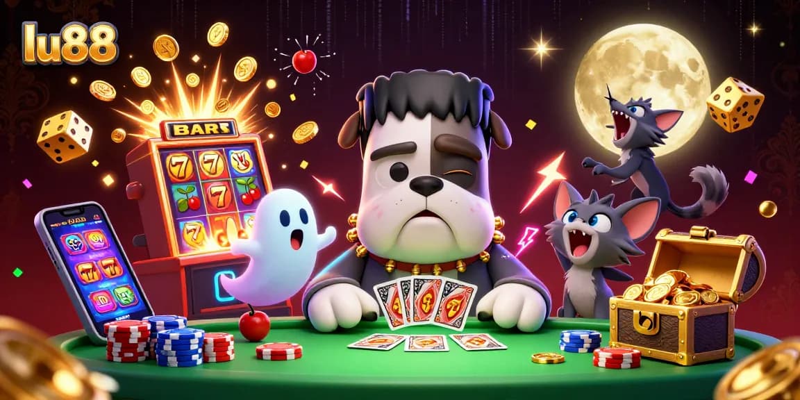 Engage in thrilling games at lu88 with vivid casino illustrations featuring card dealing and slot machines.