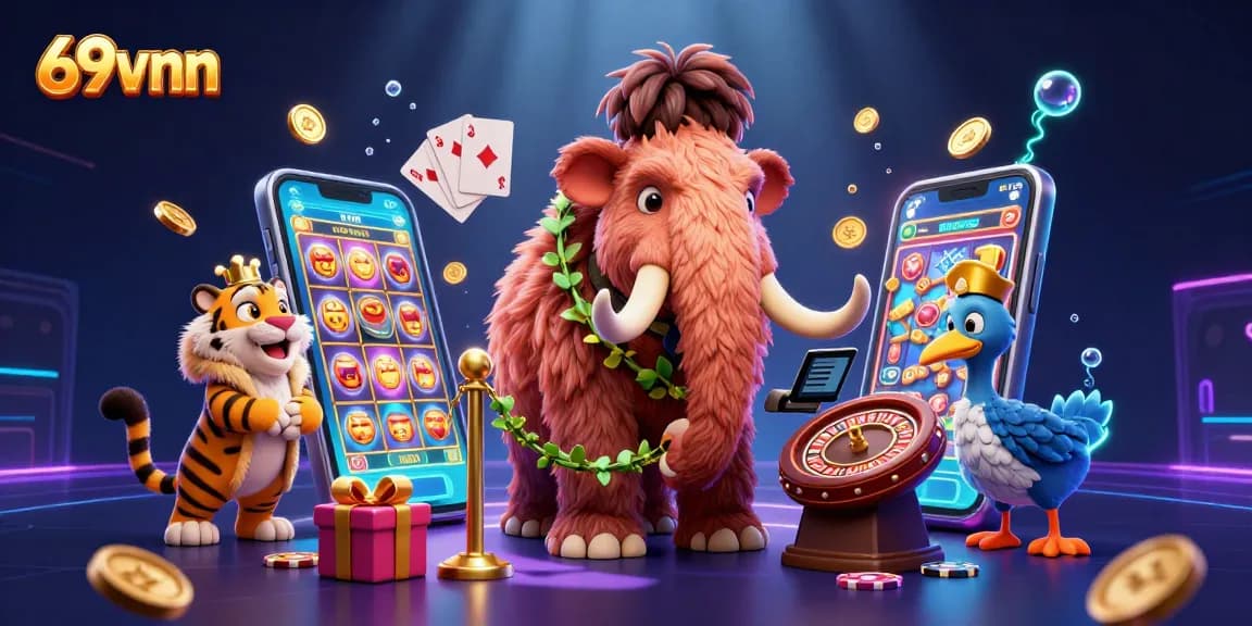 Experience thrilling wins with 69vnn at a vibrant casino scene featuring characters and exciting game elements.