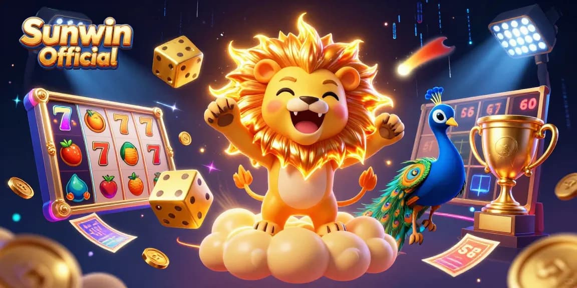 Engage with Sunwin Official through a vibrant 3D casino illustration showcasing thrilling slot games and jackpot excitement.