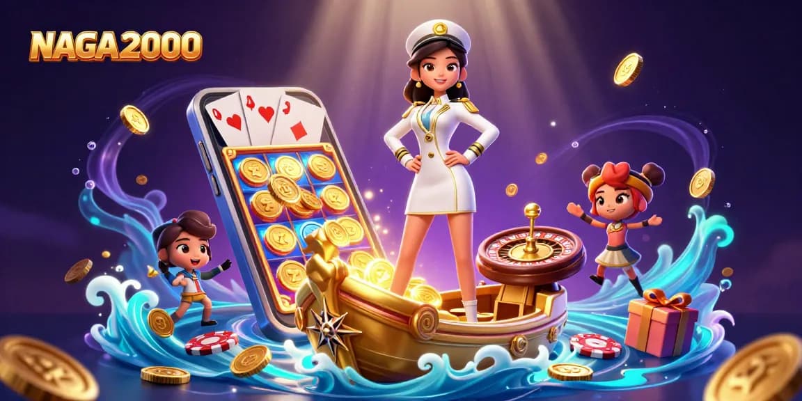 NAGA2000 menampilkan aksi permainan slot yang mendebarkan dengan karakter yang cerah dan hadiah emas yang meledak di sekelilingnya.