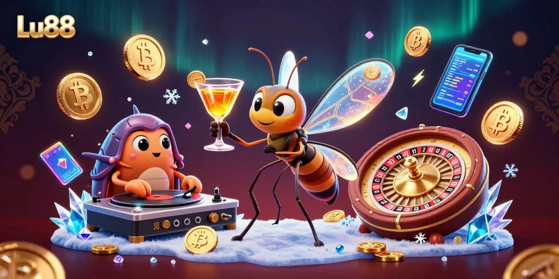 Experience the excitement of Lu88 casino with a dynamic 3D scene featuring playful characters and vibrant gaming elements.