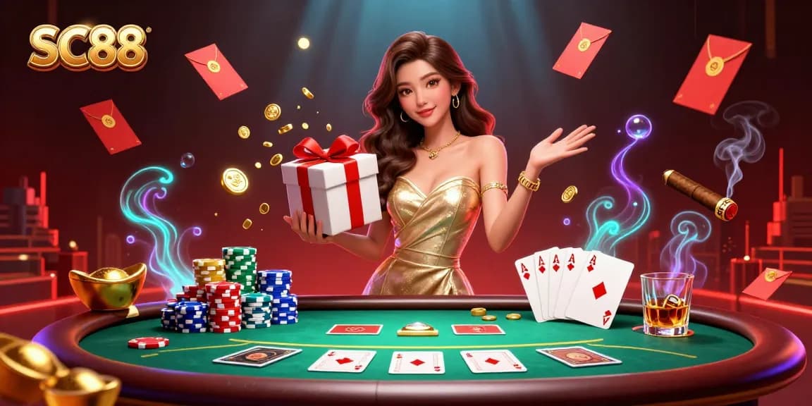 Engage with thrilling SC88 online casino action featuring a glamorous woman amidst festive elements