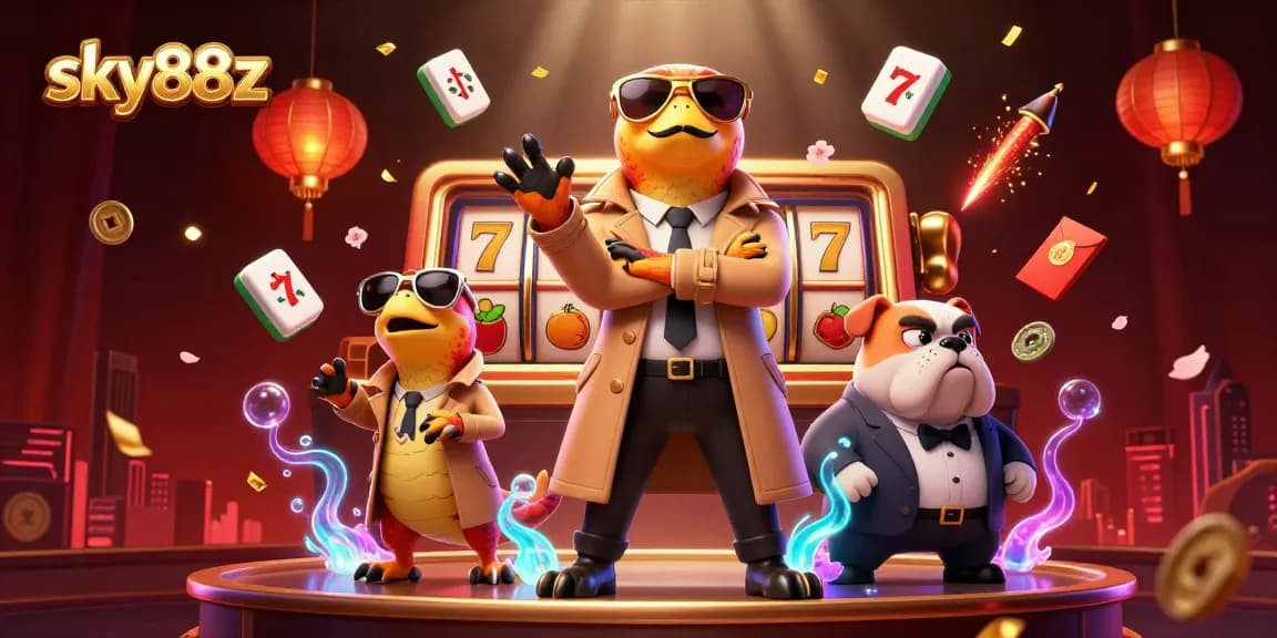 Sky88z raptors in trench coat sneak into VIP casino lounge, full of slot games and festive elements.