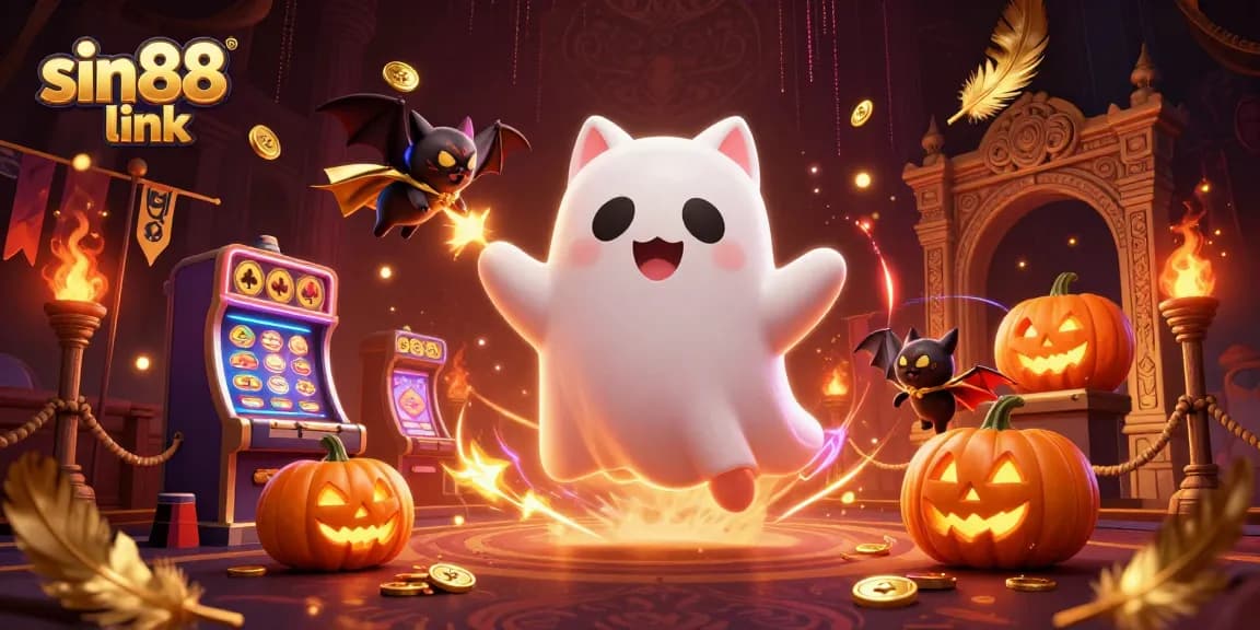 Experience thrilling gaming action at Sin88 link with a friendly ghost cat and vampire bat.