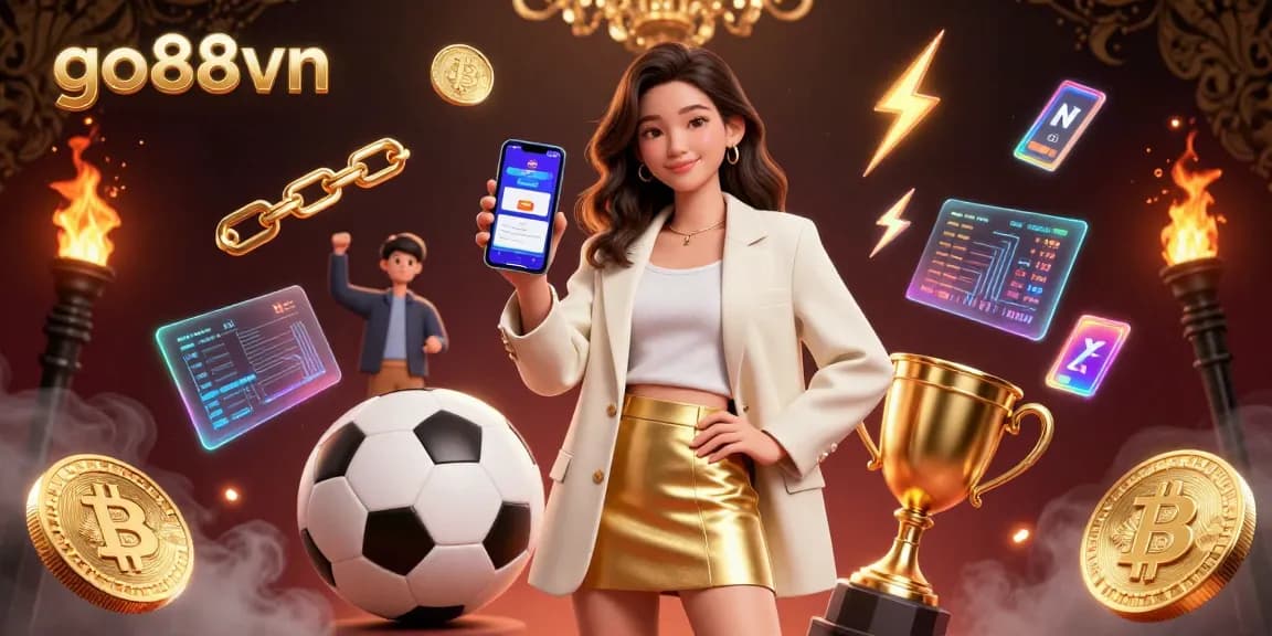 Engage with go88vn's immersive gaming experience, featuring a friendly Asian woman showcasing sports betting on her smartphone.