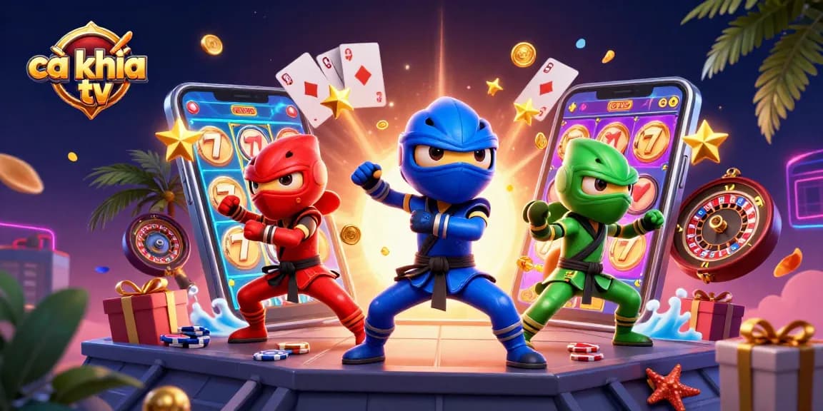 Experience the excitement of cà khịa tv with a vibrant 3D illustration of chameleons and casino games.