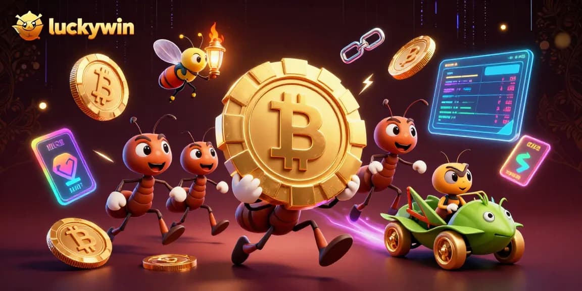 Watch luckywin's cartoon ants execute a heist with a giant poker chip amidst vibrant casino elements.