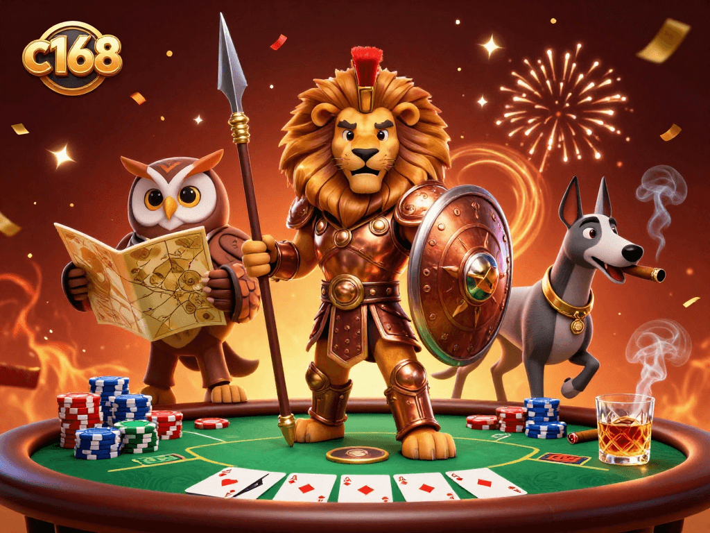 c168 showcases a 3D Spartan lion in action at a vibrant poker game, capturing the thrill of gambling.