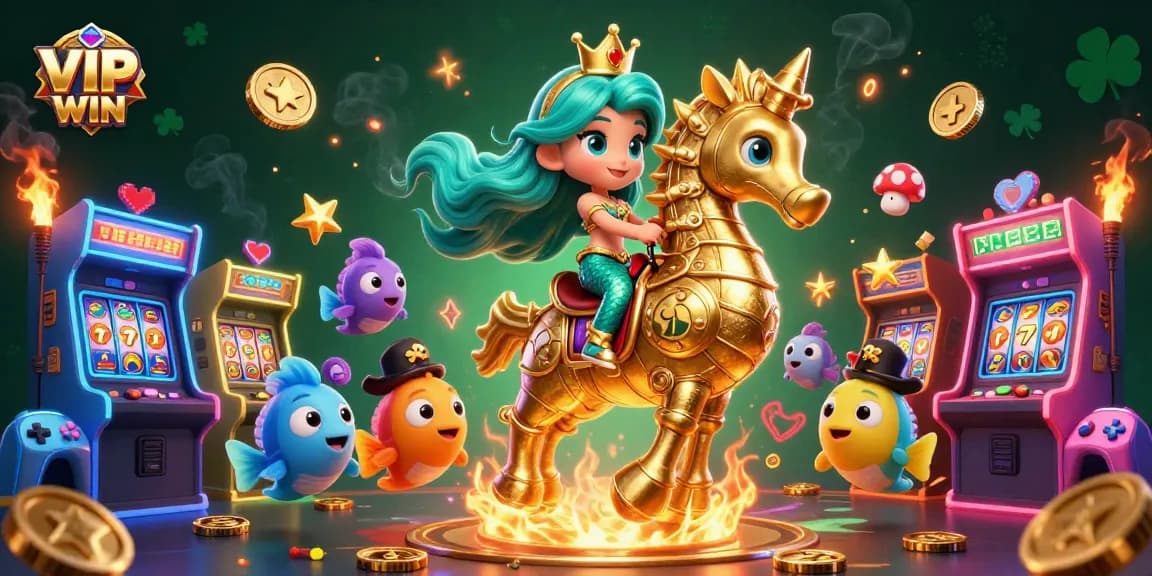 VIPWIN captures the excitement of casino gaming with a mermaid princess, seahorse, and animated game elements.