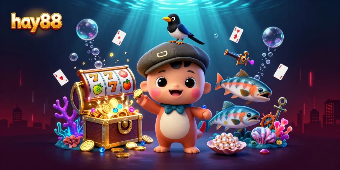 Experience the excitement of hay88 with colorful slot reels and a playful Nessie in a vibrant underwater scene.