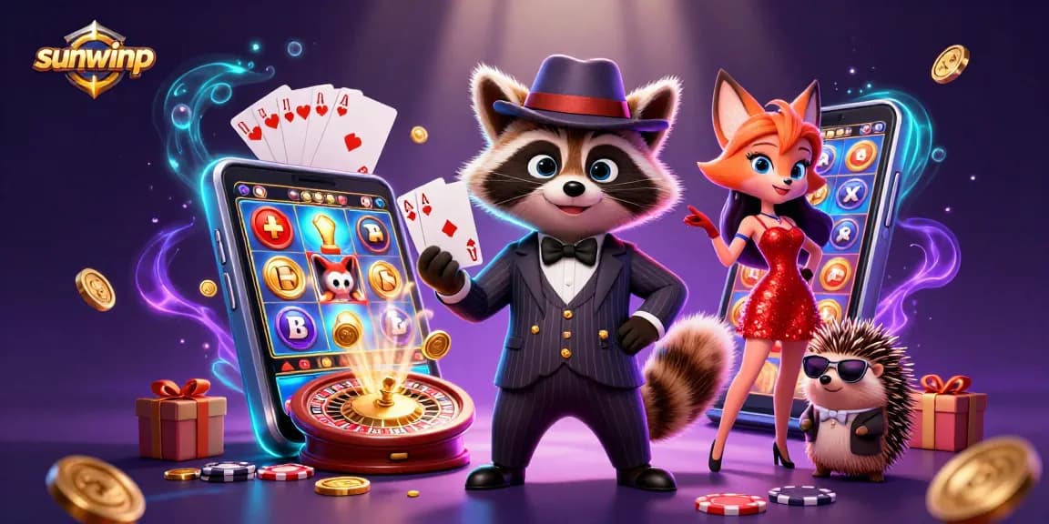 sunwinp showcases a lively casino scene with a suave raccoon and fox at a slot game, enhancing gambling excitement.