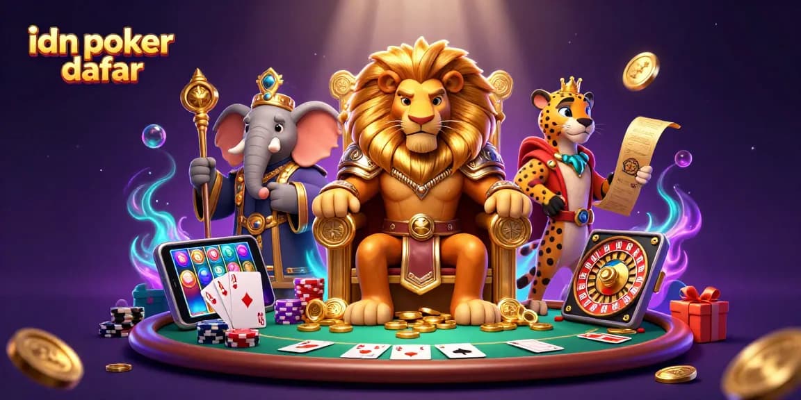Gambarkan momen seru dalam idn poker daftar dengan raja singa bermahkota dan elemen kasino menarik.