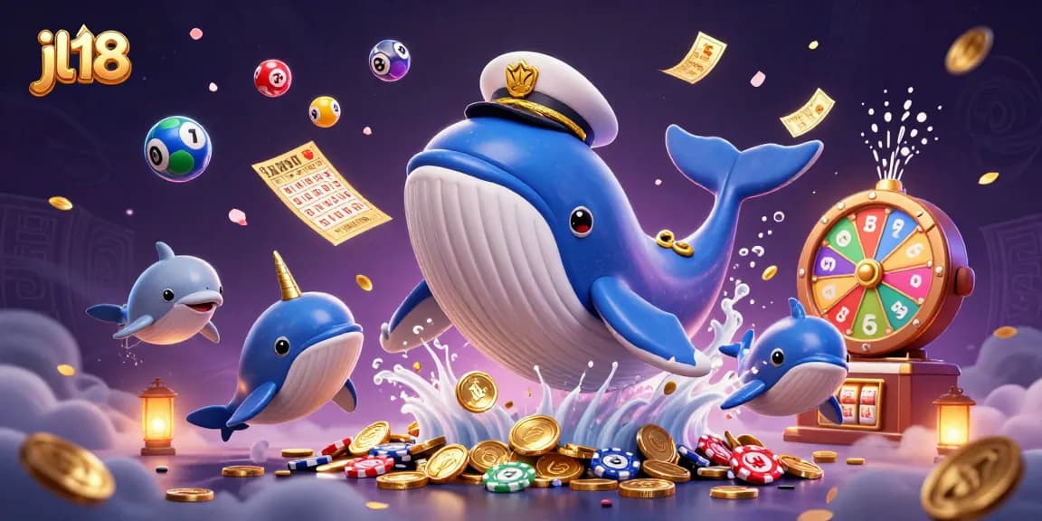 jl18 promotes online gaming excitement with a whale and friends amidst coins and prizes.