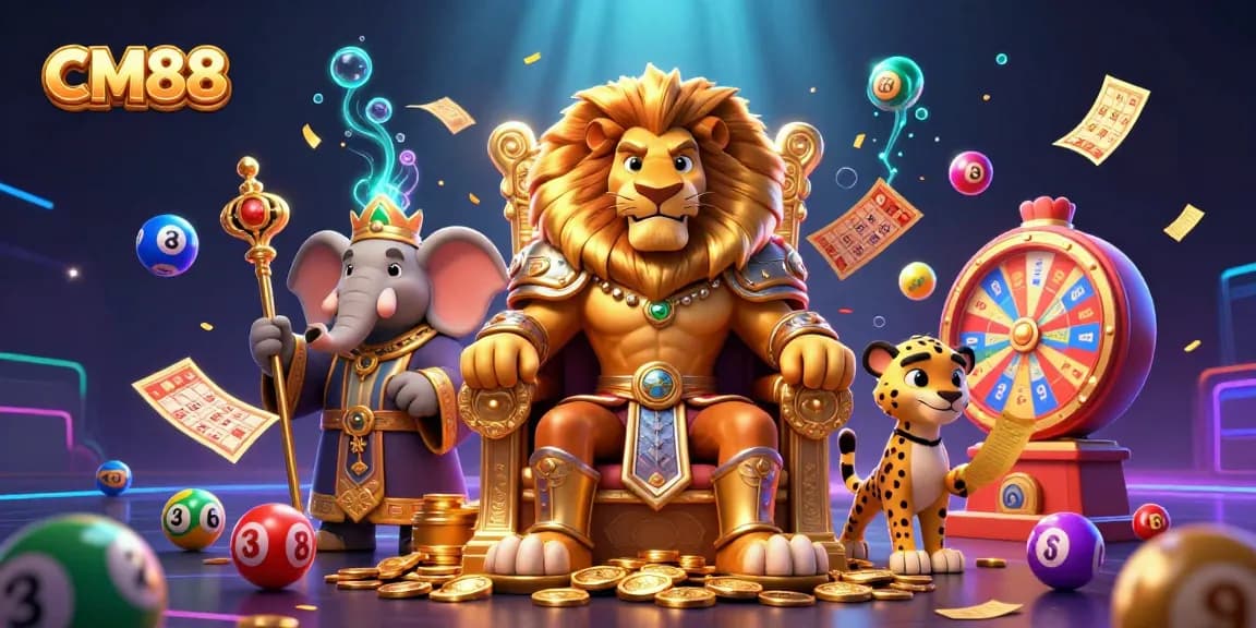 Bet on CM88's vibrant gaming scene with a fierce lion king and lively elements.