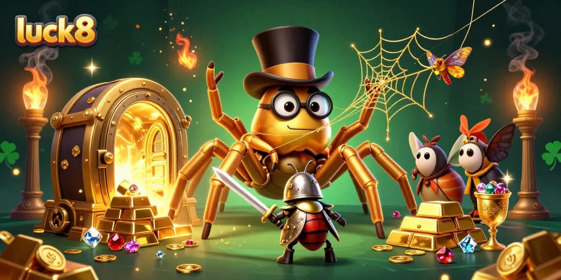 Play thrilling luck8 slots with a 3D cartoon giant golden tarantula and beetle knight in a vibrant casino world.