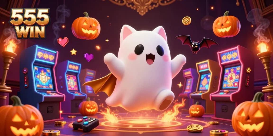 Experience thrilling gaming with 555 WIN in a vibrant 3D casino illustration featuring a friendly ghost cat and bat.