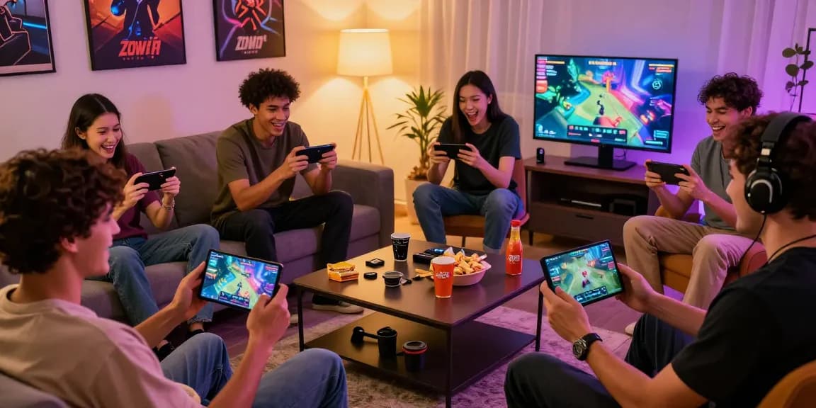 Engaged players enjoying Zowin APK in a lively gaming atmosphere with mobile devices.