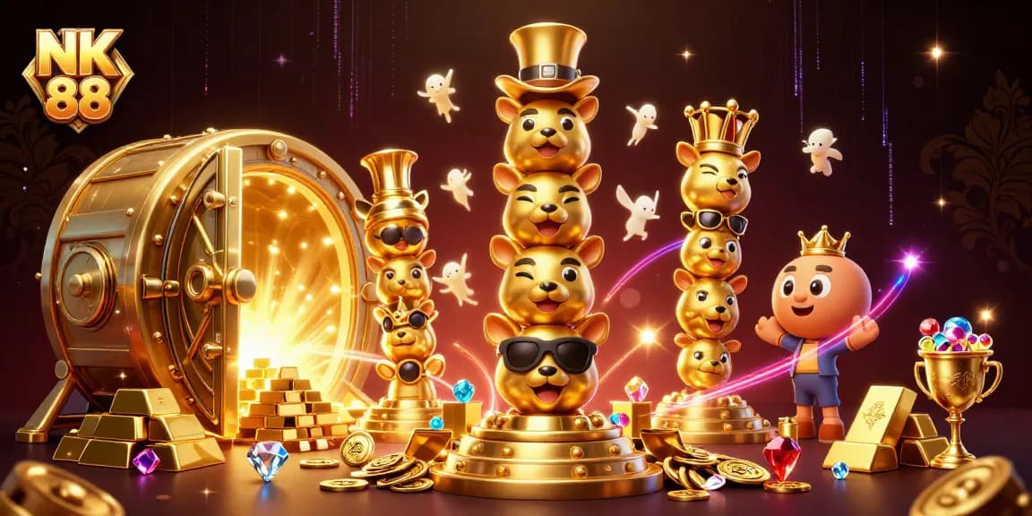Engage with the immersive NK 88 casino experience, highlighted by vibrant totem and treasure elements.