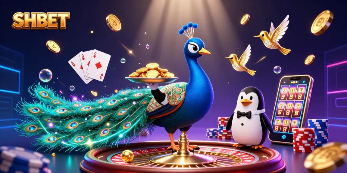 Play and win thrilling casino games with SHBET featuring a charming peacock and vibrant casino elements.