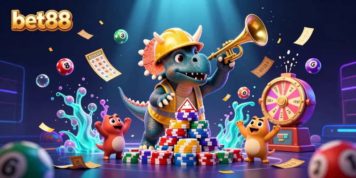 Experience the vibrant bet88 gaming world with a dynamic 3D illustration of a triceratops and celebratory elements.
