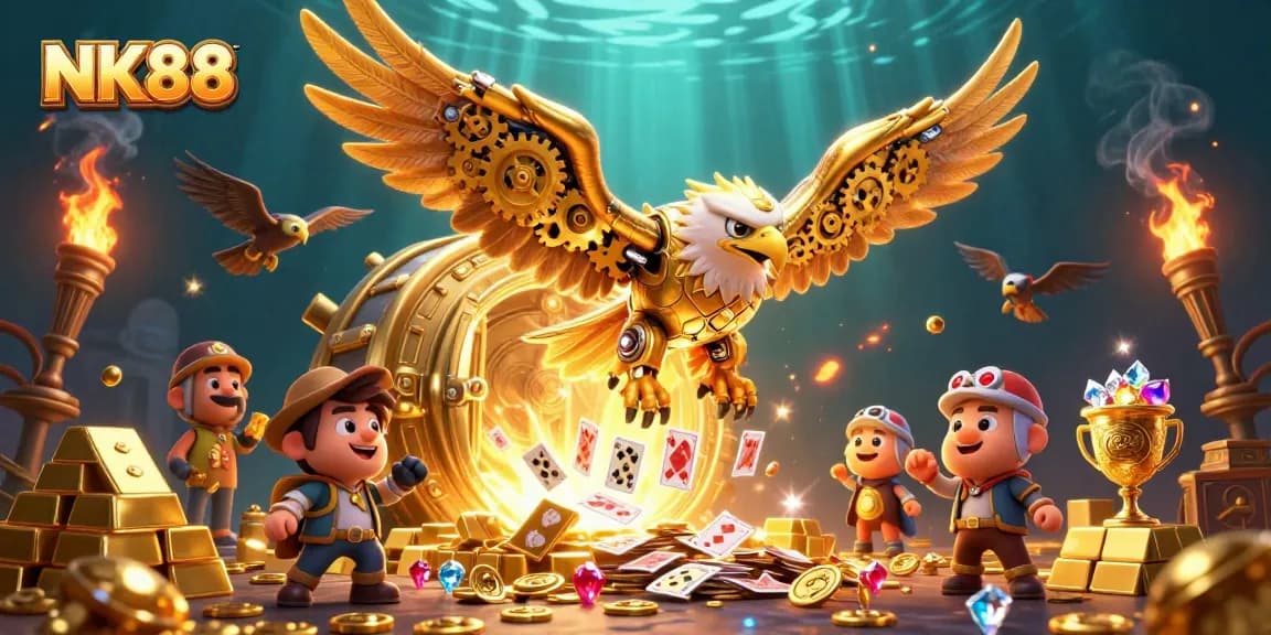 NK88 showcases a cybernetic eagle diving through cards, surrounded by golden treasures in a magical casino environment.