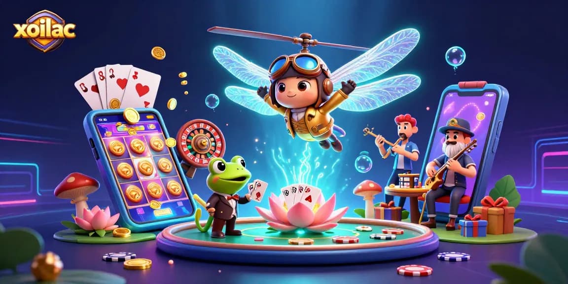 Engage in thrilling gameplay with xoilac, showcasing dynamic card deals by a frog croupier amidst vibrant casino elements.