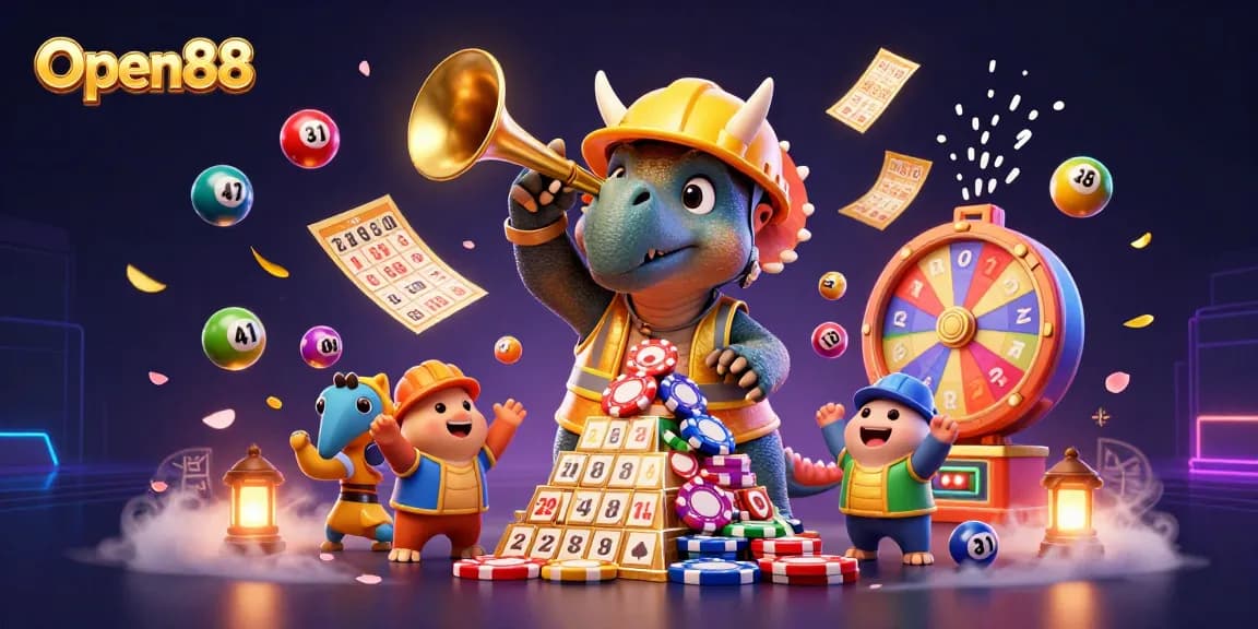 Join the excitement at Open88 with a dynamic casino-themed scene featuring vibrant lottery elements.